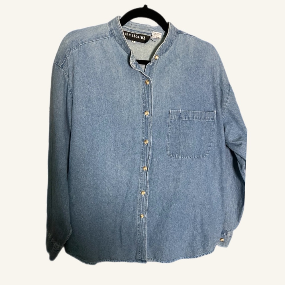 Denim‎ Button-Up Shirt New Frontier Cotton Size Large parent trap 90s